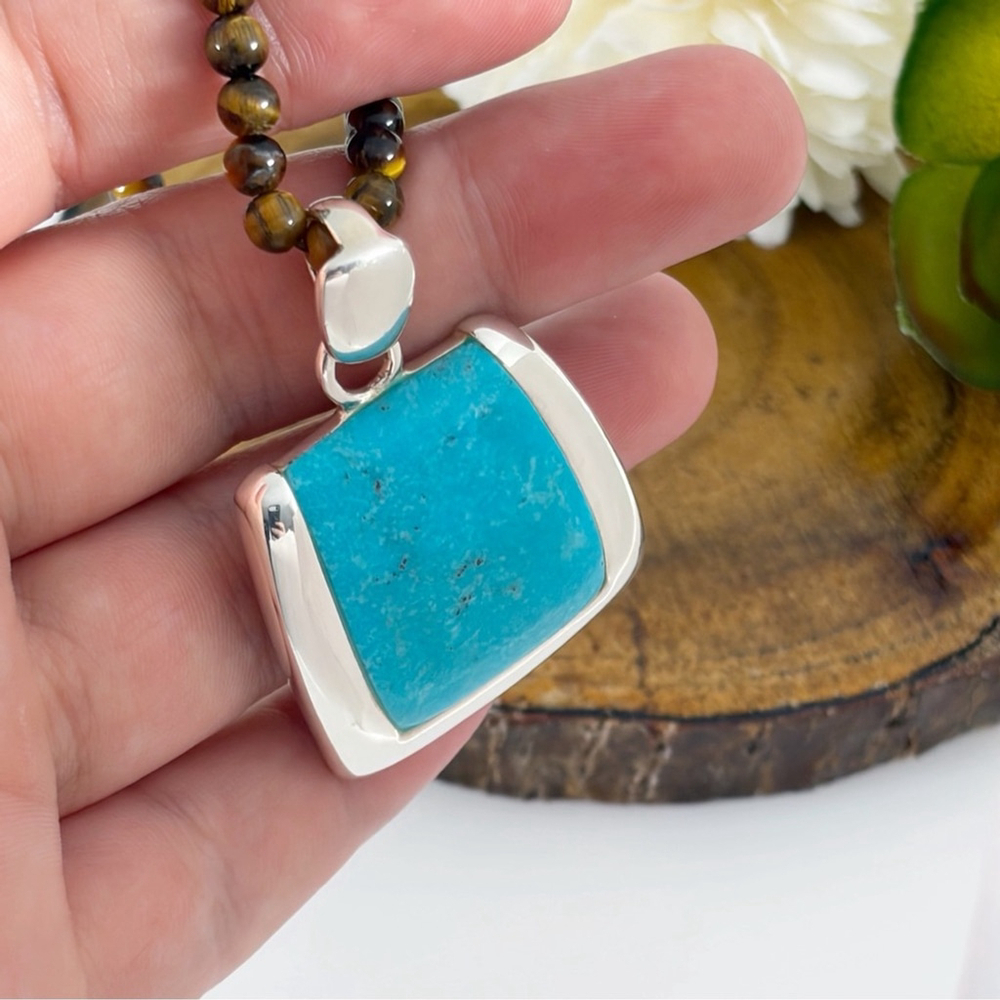 Vintage Sterling Silver 925 Turquoise Pendant Tiger’s Eye Necklace Southwest - Picture 6 of 13